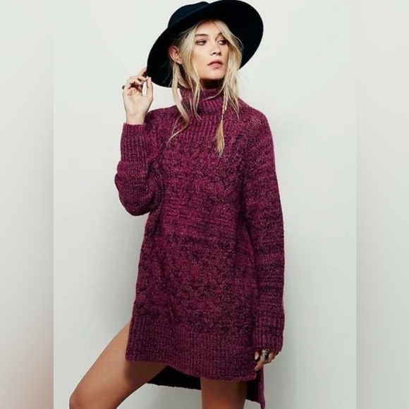 Free People Runway Burgundy Cable Knit Sweater Dress Tunic Cozy Winter Size S - Picture 1 of 8